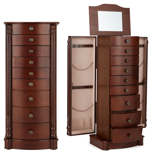 Jewelry Cabinet Armoire With Full-Length Mirror, Freestanding Lockable Organizer Box Large Storage Capacity Mirrored Wooden Cabinet 4 Angle Adjustable Brow